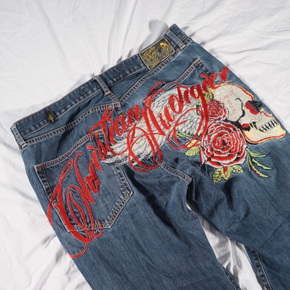 Rare Vintage Y2K Christian Audigier Denim Jeans Embroidered Measures 38x29